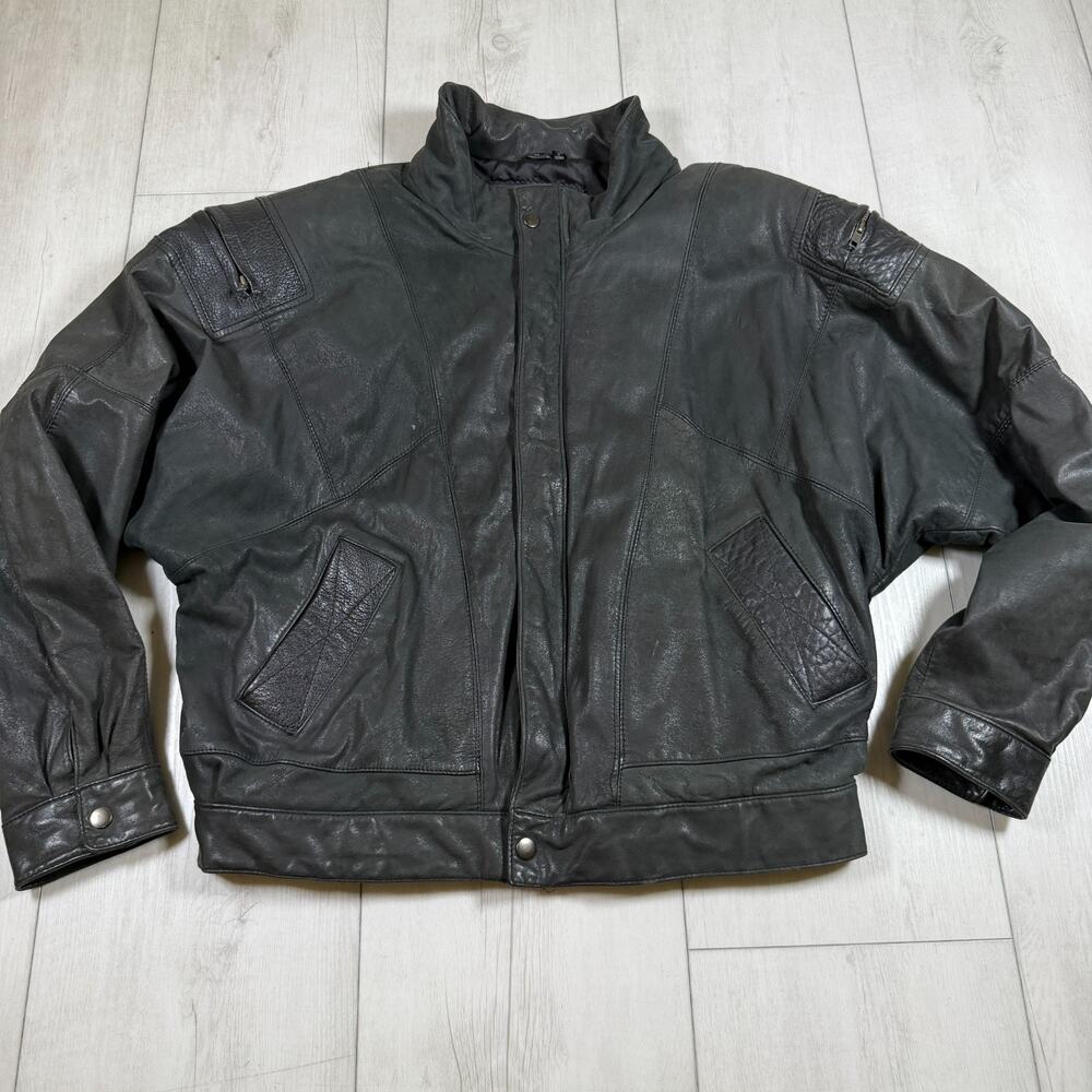 Black Heavy Leather Jacket Mens XL Biker Bomber 80s Oversized Vintage